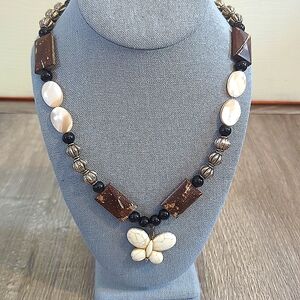 Artisan Howlite Butterfly Mother of Pearl and Wood Necklace